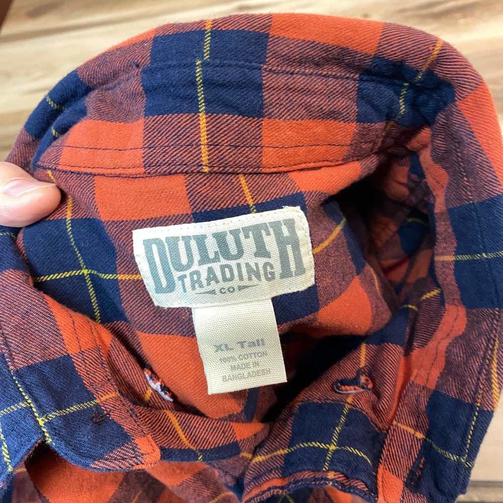 Duluth Flannel Shirt Mens XL Tall Orange Navy Plaid Long Sleeve Button Down